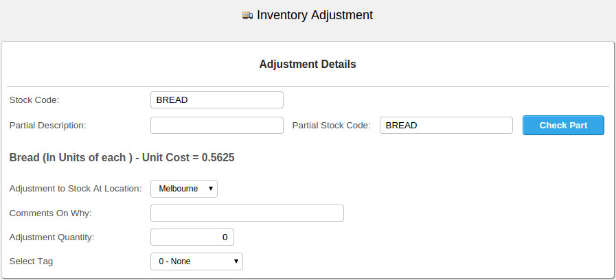Stock Adjustment Screen