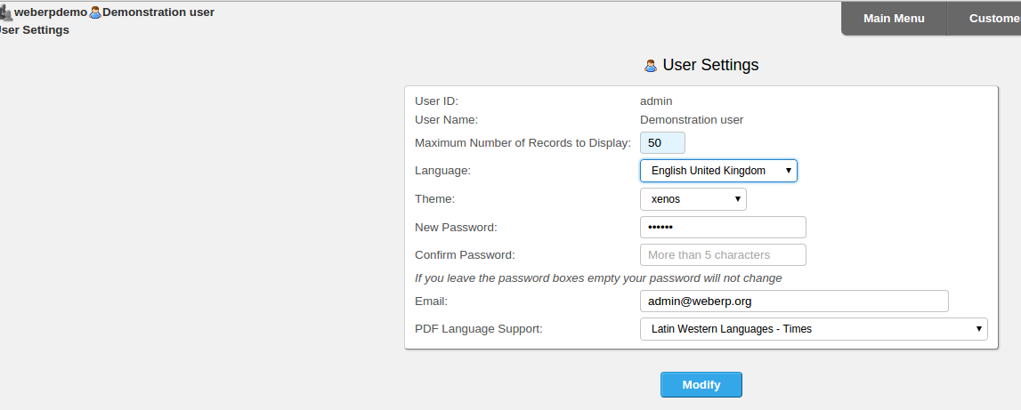 User Settings Screen